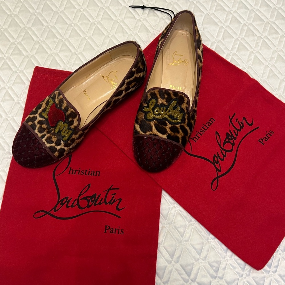 Christian Louboutin Leopard Print Embroidered Flats with Red & Green Accents